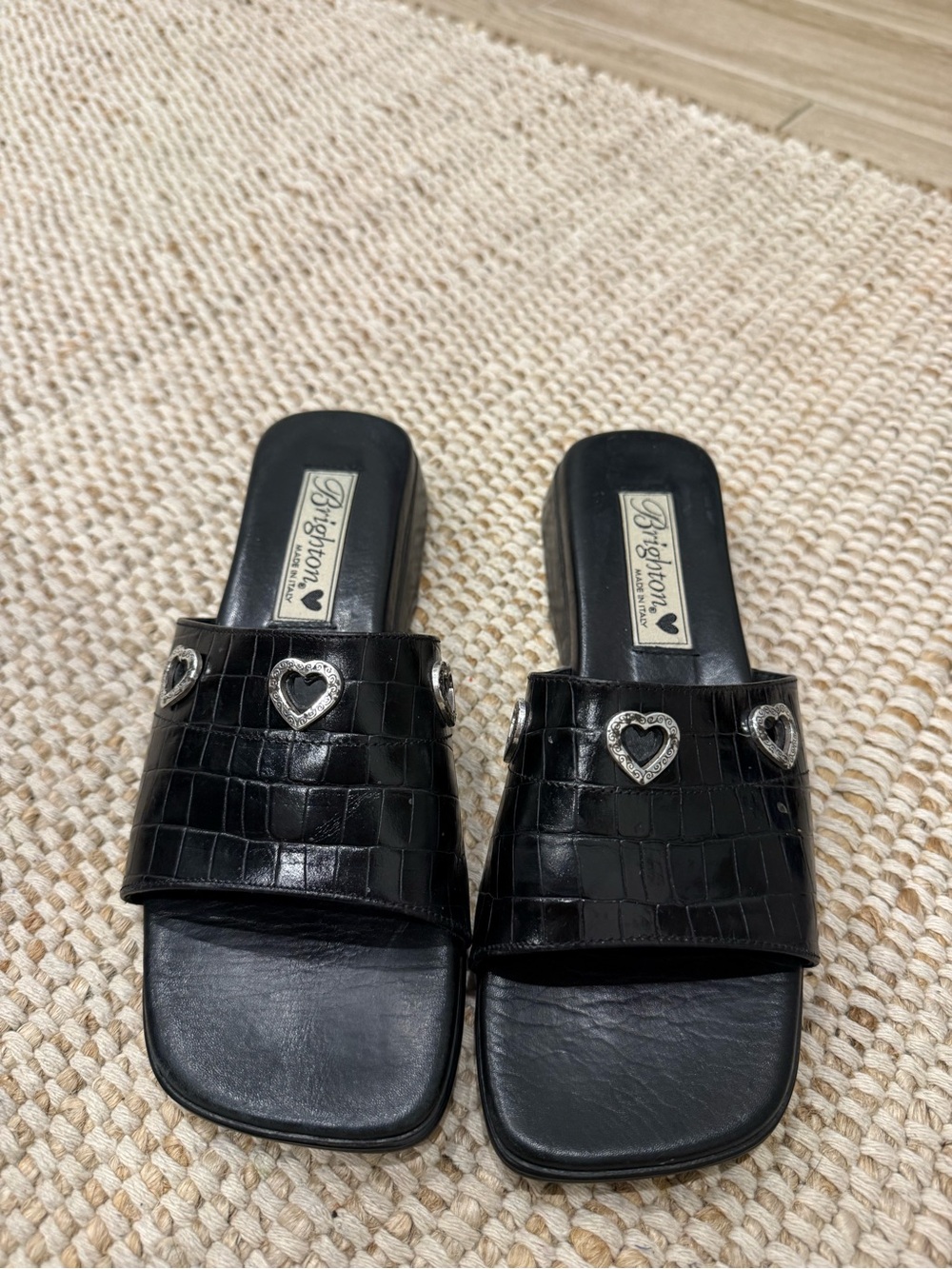 Brighton Black Heart-Embellished Slide Sandals
